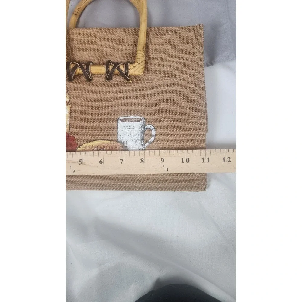 Hand Painted Burlap Tote Bag Bamboo Handles Jute Market Bag Brown